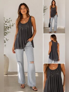 Grey Sleeveless Top with Studded Detail